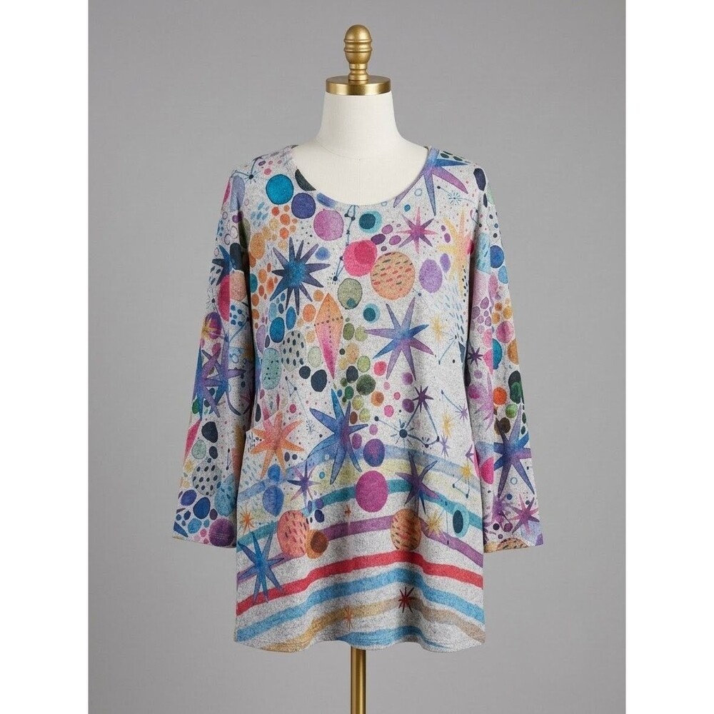 Et Lois Colorful Artsy Celestial Starburst Soft Stretch Knit Tunic Top - 1X